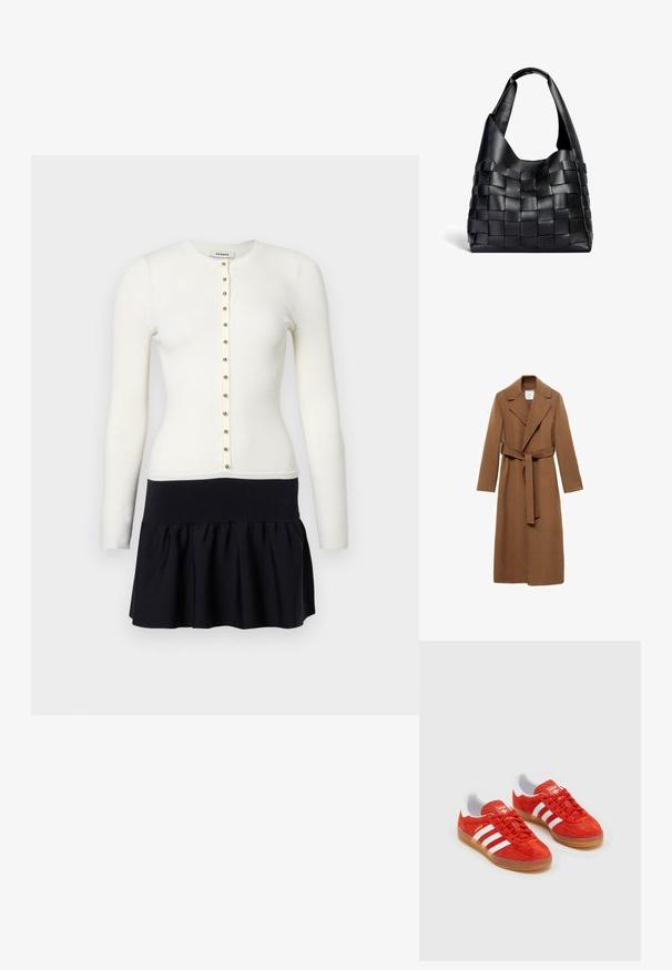 Długi brązowy wełniany płaszcz z wyciętym kołnierzem, długimi rękawami i paskiem z tego samego materiału. Charakteryzuje się dopasowanym krojem i gładką teksturą.; Żebrowany biały kardigan z długimi rękawami i złotymi guzikami, połączony z czarną rozkloszowaną spódnicą z dopasowanym pasem.; Czerwone zamszowe sneakersy z białymi paskami, gumową podeszwą, wyściełanym kołnierzem i logo na języku. Klasyczny design z teksturowaną cholewką.; Czarna skórzana torebka typu tote o luźnym kształcie i szerokim pasku na ramię. Posiada teksturowany, pleciony wzór z gładkim wykończeniem.