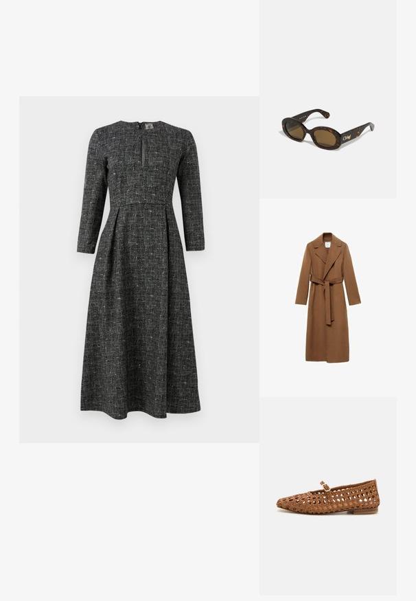 Abrigo largo de lana marrón con cuello de muesca, mangas largas y cinturón de la misma tela. Presenta un corte entallado y una textura suave.; Vestido de patrón en blanco y negro con mangas largas, un escote alto y una abertura delantera. Hecho de una tela texturizada con un corsé ajustado y una falda acampanada.; Zapato plano tejido en marrón con punta afilada y diseño recortado. Presenta una pequeña correa con hebilla y un bajo tacón de madera.; Gafas de sol carey con montura ovalada, lentes de tinte marrón y la marca "Chloé" en la varilla. Material plástico suave con acabado brillante.; Bolso de mano de cuero marrón tejido con forma redondeada, doble asa superior y textura suave; presenta costuras sutiles como detalle de diseño.