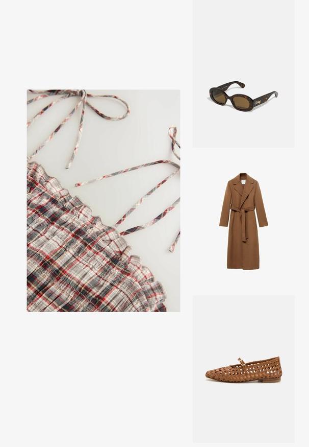 Long brown wool coat with a notched collar, long sleeves, and a self-tie belt. Features tailored cut and smooth texture.; Woven checkered top with gray, red, and black plaid patterns. Features ruffled edges and thin adjustable straps. Soft texture.; Woven brown flat shoe with a pointed toe and cut-out design. Features a small buckle strap and a low wooden heel.; Tortoiseshell sunglasses with oval frames, brown tinted lenses, and "Chloé" branding on the arm. Smooth plastic material with glossy finish.; Woven brown leather handbag with rounded shape, dual top handles, and smooth texture; features subtle stitching for design detail.