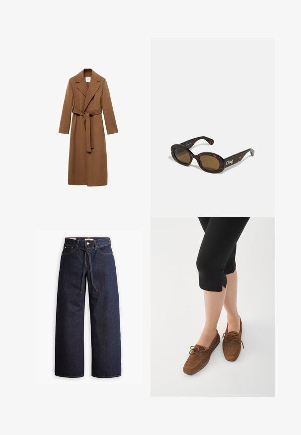 Langer brauner Wollmantel mit Reverskragen, langen Ärmeln und einem selbstgebundenen Gürtel. Merkmale sind der taillierte Schnitt und die glatte Textur.; Brauner Strickpullover mit hohem Kragen, Raglanärmeln und geripptem Muster. Lässige Passform, einfarbig ohne Muster.; Weite, dunkelblaue Jeans aus Denim mit hoher Taille, ausgestattet mit einem Kordelzug, fünf Taschen und kontrastierenden Nähdetails.; Braune Wildleder Slipper mit abgerundetem Zeh, Schnürakzenten und flacher Profil. Getragen mit schwarzen, cropped Leggings vor einem weißen Hintergrund.; Schildpatt-Sonnenbrille mit ovalen Fassungen, braunen getönten Gläsern und "Chloé"-Markierung am Bügel. Glattes Kunststoffmaterial mit glänzender Oberfläche.; Geflochtene braune Ledertasche mit runder Form, doppeltem oberen Griff und glatter Textur; verfügt über subtile Nähte als Designdetail.