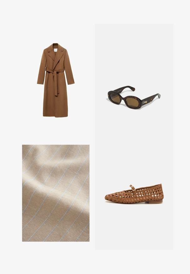 Lange bruine wollen jas met een geknipt kraag, lange mouwen en een zelfbindende riem. Heeft een getailleerde snit en een soepele textuur.; Bruine gebreide trui met een hoge kraag, raglanmouwen en een geribbelde textuur. Ontspannen pasvorm, met een effen kleur zonder patronen.; Lichtbeige stof met een gestructureerde weving, voorzien van dunne blauwe strepen die verticaal lopen. Zachte textuur en een licht kreukelige uitstraling.; Geweven bruine platte schoen met een puntige neus en uitsnijdingen. Voorzien van een kleine gesp en een lage houten hak.; Schildpadbril met ovale monturen, bruin getinte lenzen en "Chloé" merk op de arm. Gladde plastic materiaal met een glanzende afwerking.; Gevlochten bruine leren handtas met ronde vorm, dubbele bovenhandvaten en een gladde textuur; kenmerken subtiele stitching voor ontwerpdetaillering.