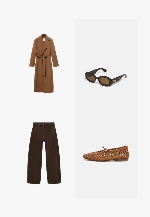 Dlouhý hnědý vlněný kabát s klopovým límcem, dlouhými rukávy a samostatně uvázaným páskem. Má upravený střih a hladkou texturu.; Hnědý pletený svetr s vysokým límcem, raglánovými rukávy a ribovanou texturou. Volný střih,Featuring a plain color without patterns.; Hnědé jeansy s širokými nohavicemi vyrobené z denimu, vybavené zapínáním na knoflík a zip, pěti kapsami a kovovými akcenty.; Tkaná hnědá plochá bota s špičatou špičkou a výřezovým designem. Má malý popruh s přezkou a nízký dřevěný podpatek.; Sluneční brýle v želvovinovém designu s oválnými rámy, hnědými skly a logem "Chloé" na nožičce. Hladký plastový materiál s lesklým povrchem.; Tkaná hnědá kožená kabelka zaobleného tvaru, s dvojitými horními uchy a hladkým povrchem; obsahuje jemné prošívání jako designový detail.
