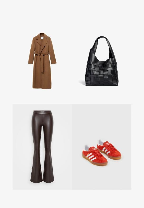 Lange bruine wollen jas met een geknipt kraag, lange mouwen en een zelfbindende riem. Heeft een getailleerde snit en een soepele textuur.; Zwarte cropped trui met een hoge col, geribbelde textuur en brede mouwen. Gemaakt van zachte breimateriaal. Eenvoudig ontwerp zonder patronen.; Donkerbruine nepleer flared broeken met een gladde textuur en een aansluitende taille, met een flare die onder de knie begint.; Rode suède sneakers met witte strepen, rubberen gumzool, gewatteerde kraag en logo op de tong. Klassiek ontwerp met textuur op de bovenkant.; Zwarte leren geweven tote bag met een slouchy vorm en een brede schouderriem. Kenmerkt zich door een gestructureerd, verweven ontwerp met een gladde afwerking.