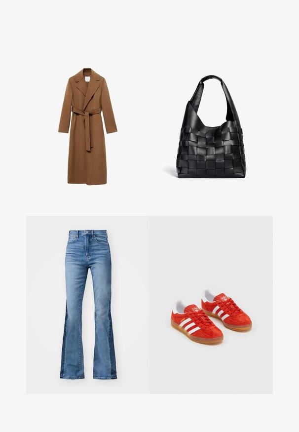 Lange bruine wollen jas met een geknipt kraag, lange mouwen en een zelfbindende riem. Heeft een getailleerde snit en een soepele textuur.; Zwarte cropped trui met een hoge col, geribbelde textuur en brede mouwen. Gemaakt van zachte breimateriaal. Eenvoudig ontwerp zonder patronen.; Gap Tall 70S - Flared Jeans - medium indigo; Rode suède sneakers met witte strepen, rubberen gumzool, gewatteerde kraag en logo op de tong. Klassiek ontwerp met textuur op de bovenkant.; Zwarte leren geweven tote bag met een slouchy vorm en een brede schouderriem. Kenmerkt zich door een gestructureerd, verweven ontwerp met een gladde afwerking.