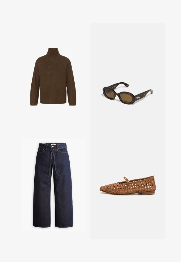 Langer brauner Wollmantel mit Reverskragen, langen Ärmeln und einem selbstgebundenen Gürtel. Merkmale sind der taillierte Schnitt und die glatte Textur.; Brauner Strickpullover mit hohem Kragen, Raglanärmeln und geripptem Muster. Lässige Passform, einfarbig ohne Muster.; Weite, dunkelblaue Jeans aus Denim mit hoher Taille, ausgestattet mit einem Kordelzug, fünf Taschen und kontrastierenden Nähdetails.; Gewebter brauner flacher Schuh mit spitzer Zehe und Ausschnittdesign. Verfügt über einen kleinen Riemen mit Schnalle und einen niedrigen Holzabsatz.; Schildpatt-Sonnenbrille mit ovalen Fassungen, braunen getönten Gläsern und "Chloé"-Markierung am Bügel. Glattes Kunststoffmaterial mit glänzender Oberfläche.; Geflochtene braune Ledertasche mit runder Form, doppeltem oberen Griff und glatter Textur; verfügt über subtile Nähte als Designdetail.