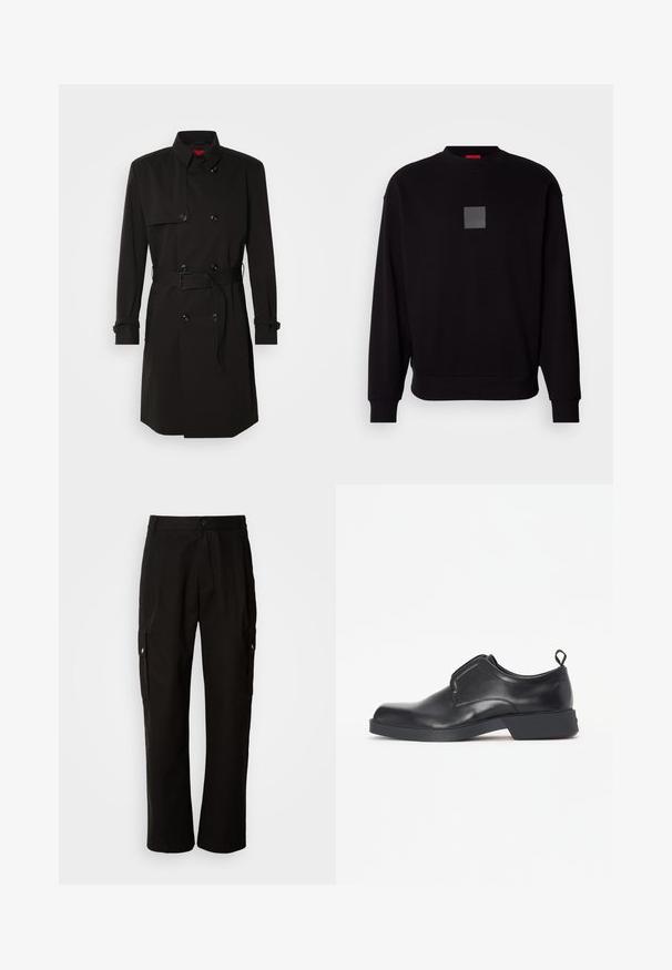 Palton negru cu un design cu dublu rând, butoane mari, talie cu curea și guler înalt. Material neted cu o finisare mată.; Hanorac negru cu mâneci lungi, decolteu rotund, logo pătrat gri pe față, textură moale și manșete și tiv ribbate.; Pantaloni cargo negri din bumbac, cu o croială lejeră, având buzunare laterale, închidere cu nasture și picioare drepte. Design simplu, fără modele.; Pantof black din piele, tip slip-on, cu vârf rotunjit și toc mic, având un overlay frontal și o mică bandă de apucare în partea din spate.