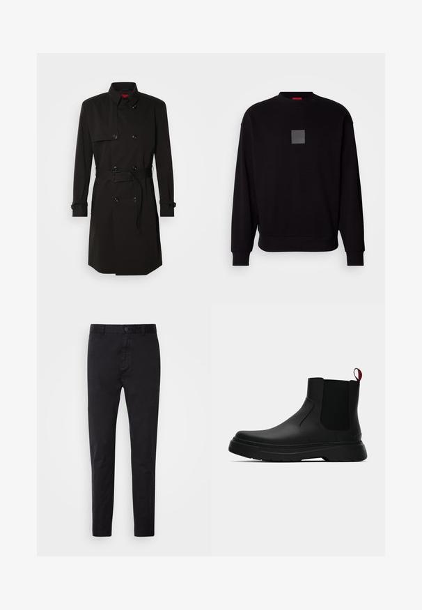 Μαύρο παλτό με διπλό κούμπωμα, μεγάλα κουμπιά, ζωνάκι στη μέση και ψηλό γιακά. Λείο ύφασμα με ματ φινίρισμα.; Μαύρη φούτερ μπλούζα με μακριά μανίκια, στρογγυλή λαιμόκοψη, εμπρός γκρι τετράγωνο λογότυπο, μαλακή υφή και ριμπ μανίκια και στρίφωμα.; Μαύρες chinos με λεία υφή, κλείσιμο με κουμπί και κομψό σχέδιο. Ιδανικές για καθημερινές ή ημι-επίσημες εμφανίσεις.; Μαύρη αστράγαλη μποτάκι με λείο φινίρισμα, ελαστικές πλευρικές πάνελ και εναν αντίθετο κόκκινο χερούλι, με παχιά καουτσούκ σόλα και στρογγυλή μύτη.