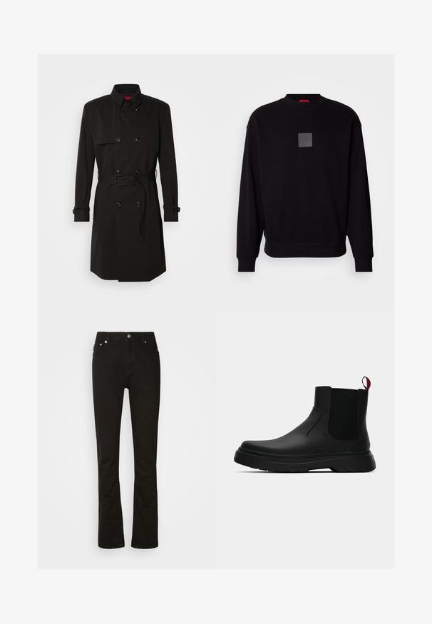 Casaco preto de trench coat com um design de duplo botão, grandes botões, cintura cingida por um cinto e colarinho alto. Tecido liso com um acabamento mate.; Sweatshirt preto com mangas longas, gola redonda, um logótipo cinza em forma de quadrado na frente, textura suave e punhos e barra canelados.; Jeans de denim preto com design de perna reta, apresentando bolsos frontais, fecho zip e detalhes em metal prateado. Textura suave, sem padrões.; Botim preto até ao tornozelo com um acabamento liso, painéis laterais elásticos e uma pega vermelha em contraste, com uma sola de borracha espessa e bico arredondado.