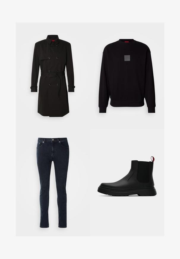Fekete trench kabát, dupla gombos dizájnnal, nagy gombokkal, övvel ellátott derékkal és magas gallérral. Simább anyag, matt felülettel.; Fekete pulóver hosszú ujjal, kerek nyakkivágással, elülső szürke négyzet logóval, puha tapintással, valamint bordázott mandzsettákkal és szegéllyel.; Sötétkék farmernadrág, slim fit szabással, gombos záródással, öt zsebbel és diszkrét varrási részletekkel.; Fekete bokacipő sima felülettel, ruganyos oldalsó panelek és kontrasztos piros húzópánt jellemzi, vastag gumitalppal és lekerekített orral.