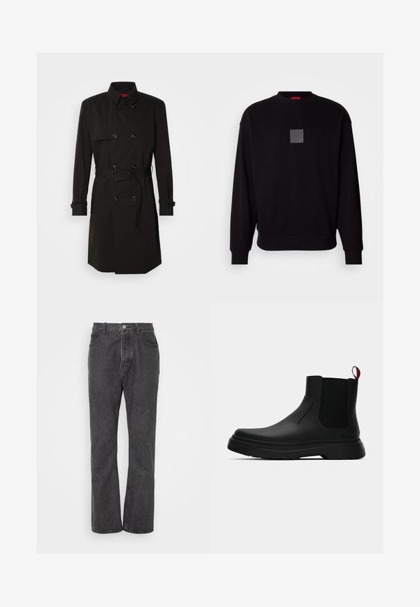 Sort trenchcoat med dobbeltrækkerdesign, store knapper, beltestrop i taljen og høj krave. Glat stof med mat finish.; Sort sweatshirt med lange ærmer, rund halsudskæring, et grå kvadratlogo fortil, blød tekstur og ribbede manchetter og kant.; Sorte denim jeans med lige ben, med en frontlukning med knap, bæltestropper og subtilt slid for tekstur.; Sort ankelstøvle med en glat overflade, elastiske sidepaneler og en kontrasterende rød træksløjfe, der har en tyk gummisål og rund tå.