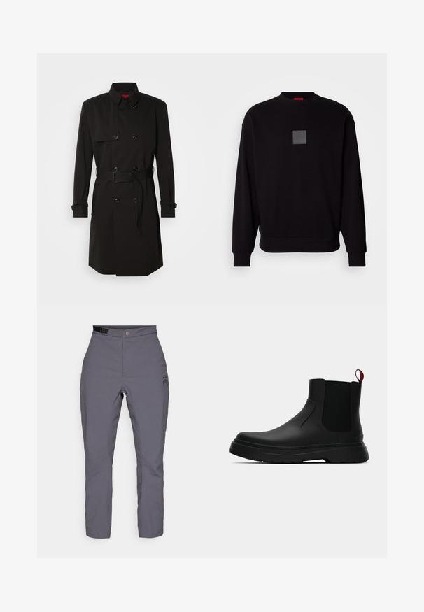 Zwarte trenchcoat met een dubbelzijdig ontwerp, grote knopen, een tailleband en een hoge kraag. Gladde stof met een matte afwerking.; Zwarte sweatshirt met lange mouwen, ronde halslijn, een grijzige vierkante logo op de voorkant, zachte textuur en geribde manchetten en zoom.; Grijze broek van lichtgewicht, gestructureerde stof. Voorzien van een knoopsluiting, riemlussen en een subtiele logo op de bovenbeen. Rechtesnit.; Zwarte enkelboot met een gladde afwerking, elastische zijpanelen en een contrasterende rode treklus, met een dikke rubberen zool en een afgeronde teen.