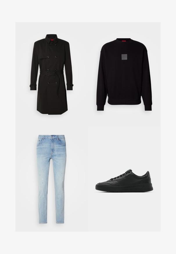 Casaco preto de trench coat com um design de duplo botão, grandes botões, cintura cingida por um cinto e colarinho alto. Tecido liso com um acabamento mate.; Sweatshirt preto com mangas longas, gola redonda, um logótipo cinza em forma de quadrado na frente, textura suave e punhos e barra canelados.; Calças de ganga azul claro com um corte slim, apresentando detalhes de borrifos de tinta e um design clássico de cinco bolsos. Fecho com botão e zipper.; Sapatilha preta com parte superior em couro liso, bico arredondado, cadarços planos, colarinho almofadado e design minimalista. Sola de borracha com padrão de tração discreto.