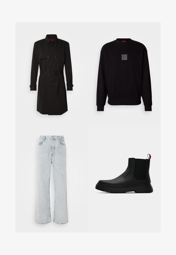 Μαύρο παλτό με διπλό κούμπωμα, μεγάλα κουμπιά, ζωνάκι στη μέση και ψηλό γιακά. Λείο ύφασμα με ματ φινίρισμα.; Μαύρη φούτερ μπλούζα με μακριά μανίκια, στρογγυλή λαιμόκοψη, εμπρός γκρι τετράγωνο λογότυπο, μαλακή υφή και ριμπ μανίκια και στρίφωμα.; Ανοιχτό μπλε τζιν παντελόνι σε φαρδιά γραμμή με ψηλή μέση, διαθέτει κουμπί, πέντε τσέπες και διακριτική ξεθωριασμένη υφή.; Μαύρη αστράγαλη μποτάκι με λείο φινίρισμα, ελαστικές πλευρικές πάνελ και εναν αντίθετο κόκκινο χερούλι, με παχιά καουτσούκ σόλα και στρογγυλή μύτη.