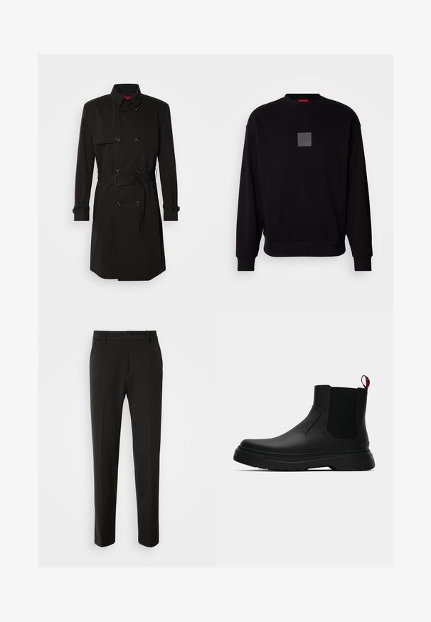 Crni trench kaput s dvostrukim kopčanjem, velikim gumbima, remenom u struku i visokim ovratnikom. Glatka tkanina s mat završetkom.; Crna dukserica dugih rukava, okruglog izreza, sivo kvadratno logo na prednjem dijelu, meke teksture i rebrastim manžetama i rubom.; Crni hlače od glatkog materijala, s ravnim nogavicama, zatvaranjem na dugme i klasičnim dizajnom prikladnim za formalne ili ležerne prilike.; Crni gležnjači s glatkom površinom, elastičnim bočnim panelima i kontrastnom crvenom vučnom petljom, s debelim gumenim potplatom i zaobljenim vrhom.
