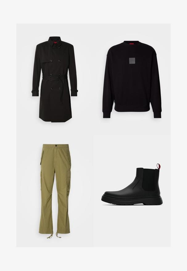 Črni plašč s dvojno zadrgo, velikimi gumbi, pasom in visokim ovratnikom. Gladek material z mat površino.; Črn pulover z dolgimi rokavi, okroglo izrezan, spredaj z sivim kvadratnim logotipom, mehkega materiala in rebrastimi manšetami ter robom.; Olivnozeleni cargo hlače z elastičnim pasom, stranskimi žepi in nastavljivimi vrvicami na manšetah. Lahka tkanina z gladko teksturo.; Črne gležnjarje z gladkim zaključkom, elastičnimi stranskimi paneli in kontrastnim rdečim izvlečnim trakom, ki vključujejo debel gumijast podplat in zaobljen nos.