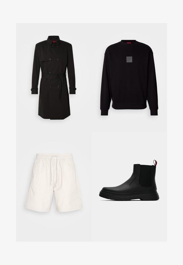 Črni plašč s dvojno zadrgo, velikimi gumbi, pasom in visokim ovratnikom. Gladek material z mat površino.; Črn pulover z dolgimi rokavi, okroglo izrezan, spredaj z sivim kvadratnim logotipom, mehkega materiala in rebrastimi manšetami ter robom.; Svetlo bež kratke hlače, narejene iz mehke, lahke tkanine. Imajo elastičen pas z vrvico in stranske žepke.; Črne gležnjarje z gladkim zaključkom, elastičnimi stranskimi paneli in kontrastnim rdečim izvlečnim trakom, ki vključujejo debel gumijast podplat in zaobljen nos.
