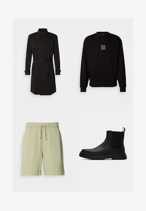 Schwarzer Trenchcoat mit einem doppelt knöpfbaren Design, großen Knöpfen, einem taillierten Gürtel und einem hohen Kragen. Glattes Material mit matter Oberfläche.; Schwarze Sweatshirt mit langen Ärmeln, rundem Ausschnitt, grauem quadratischen Logo auf der Vorderseite, weicher Textur und gerippten Bündchen und Saum.; Hellgrüne Baumwollmischungs-Shorts mit elastischem Bund und verstellbarem Kordelzug. Mit seitlichen Taschen und gesticktem Logo am Bein.; Schwarze Knöchelstiefel mit glatter Oberfläche, elastischen Seitenpaneelen und einem kontrastierenden roten Zuglasche, ausgestattet mit einer dicken Gummisohle und einer runden Zehenpartie.