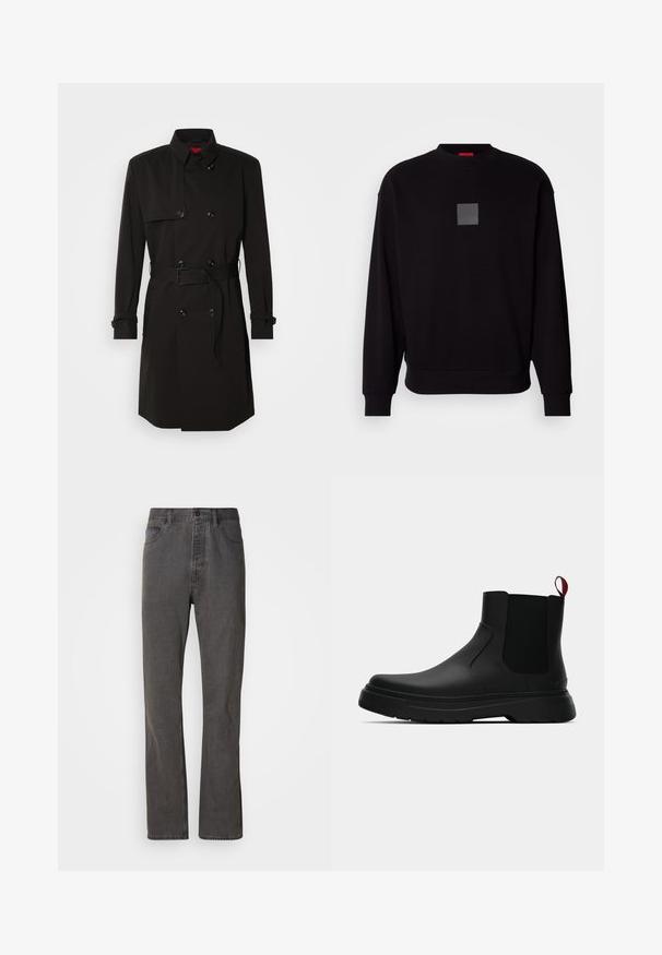 Zwarte trenchcoat met een dubbelzijdig ontwerp, grote knopen, een tailleband en een hoge kraag. Gladde stof met een matte afwerking.; Zwarte sweatshirt met lange mouwen, ronde halslijn, een grijzige vierkante logo op de voorkant, zachte textuur en geribde manchetten en zoom.; Grijze spijkerbroek met een rechte pijp, voorzien van voorzakken, een knoopsluiting en een subtiele textuur.; Zwarte enkelboot met een gladde afwerking, elastische zijpanelen en een contrasterende rode treklus, met een dikke rubberen zool en een afgeronde teen.