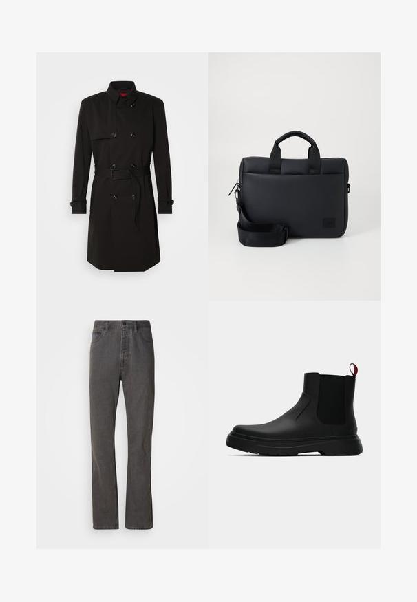 Juodas ilgas paltas su dvigubu užsegimu, didelėmis sagomis, diržu ties juosmeniu ir aukštu apykakle. Lygi medžiaga su matinio paviršiaus apdaila.; Juodas megztinis ilgomis rankovėmis, apvaliu iškirpimu, su priekiu pilku kvadratiniu logotipu, minkšta tekstūra, bei raukšlėtomis rankovėmis ir apačia.; Pilkos džinsinės kelnės su tiesaus kirpimo dizainu, turinčios priekinės kišenes, sagčių uždarymą ir subtilią tekstūrą.; Juodas kulkšninis batas su lygiu paviršiumi, elastiniais šonų intarpais ir kontrastingu raudonu kilimėliu, turintis storą guminį pado ir apvalią nosį.; Juodas tekstūruotas nešiojamojo kompiuterio krepšys su dviem viršutiniais rankenomis, atsegamu diržu, užtrauktuku ir mažu logotipo ženklu.