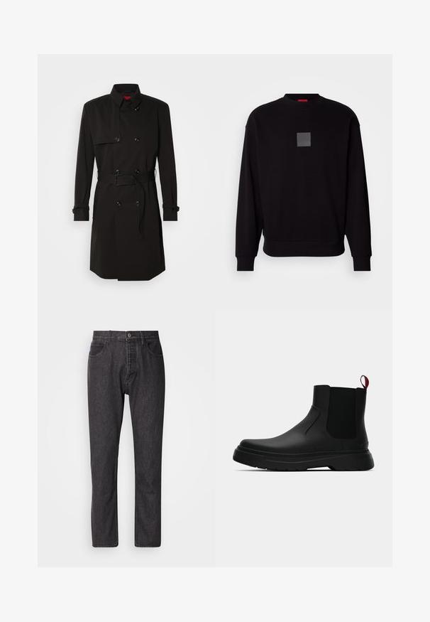 Black trench coat featuring a double-breasted design, large buttons, a belted waist, and a high collar. Smooth fabric with a matte finish.; Black sweatshirt with long sleeves, round neckline, a front gray square logo, soft texture, and ribbed cuffs and hem.; Black denim jeans with a straight leg design, five pockets, and a standard waist. Features contrast stitching and a metal button closure.; Black ankle boot with a smooth finish, elastic side panels, and a contrasting red pull tab, featuring a thick rubber sole and rounded toe.