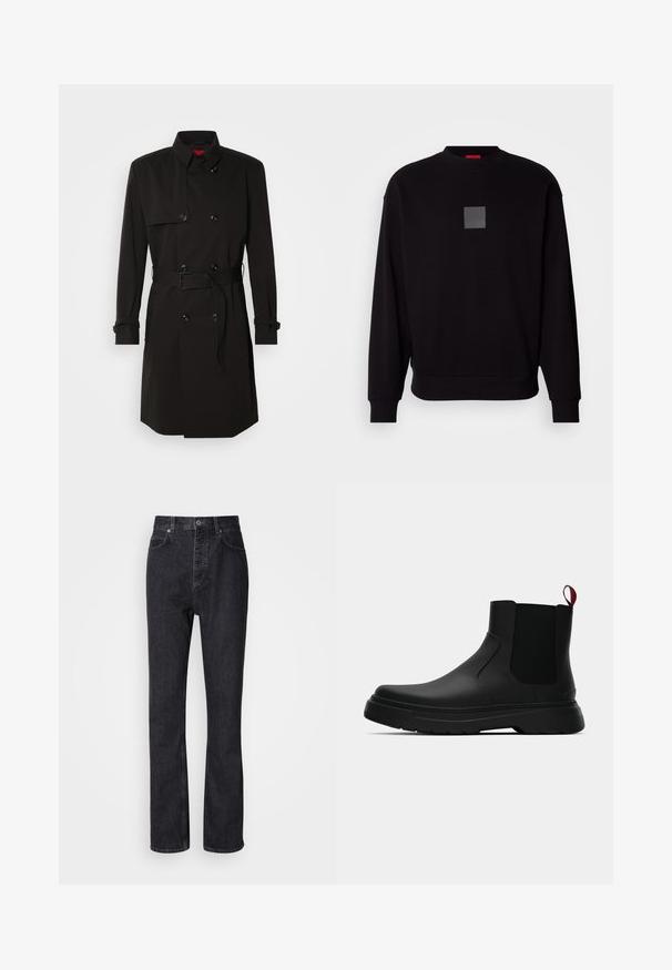 Black trench coat featuring a double-breasted design, large buttons, a belted waist, and a high collar. Smooth fabric with a matte finish.; Black sweatshirt with long sleeves, round neckline, a front gray square logo, soft texture, and ribbed cuffs and hem.; High-waisted black denim jeans with a button and zip closure, front and back pockets, and a straight-leg fit.; Black ankle boot with a smooth finish, elastic side panels, and a contrasting red pull tab, featuring a thick rubber sole and rounded toe.