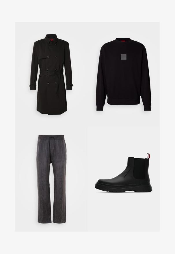 Black trench coat featuring a double-breasted design, large buttons, a belted waist, and a high collar. Smooth fabric with a matte finish.; Black sweatshirt with long sleeves, round neckline, a front gray square logo, soft texture, and ribbed cuffs and hem.; Black pants made of soft fabric with a smooth texture, featuring an elastic waistband and drawstring, wide legs, and side seams.; Black ankle boot with a smooth finish, elastic side panels, and a contrasting red pull tab, featuring a thick rubber sole and rounded toe.