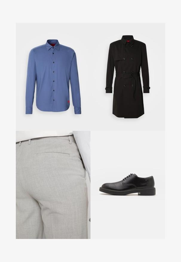 Cappotto lungo nero con design doppiopetto, grandi bottoni, vita con cintura e colletto alto. Tessuto liscio con finitura opaca.; Maglione a collo alto nero realizzato in materiale morbido, con maniche lunghe e vestibilità aderente. Bordo a coste all'orlo e ai polsini. Design semplice.; Camicia azzurra a maniche lunghe realizzata in tessuto morbido, con chiusura a bottoni sul davanti, bottoni neri e un piccolo logo rosso sul lato sinistro.; Pantaloni sartoriali grigio chiaro realizzati in tessuto strutturato, con una tasca posteriore singola e cuciture pulite.; Scarpa nera in pelle con lacci, punta tonda, texture liscia, cuciture minime e tacco in gomma basso. Logo sul tacco.