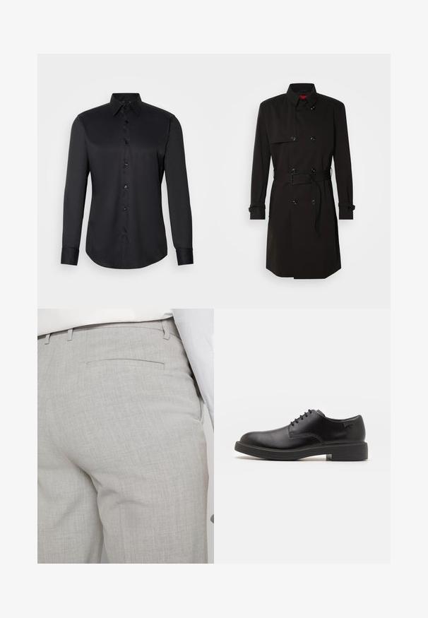 Zwarte trenchcoat met een dubbelzijdig ontwerp, grote knopen, een tailleband en een hoge kraag. Gladde stof met een matte afwerking.; Zwarte coltrui van zacht materiaal, met lange mouwen en een snug fit. Geribbelde afwerking aan de onderkant en mouwen. Eenvoudig ontwerp.; Zwarte button-up shirt gemaakt van gladde stof, met een klassieke kraag, lange mouwen en knoopsluiting aan de voorkant.; Lichtgrijze, op maat gemaakte broek van gestructureerde stof, met een enkele achterzak en nette stiksels.; Zwarte leren veterschoen met een ronde neus, een gladde textuur, minimale stiksels en een lage rubberen hak. Logo op de hak.
