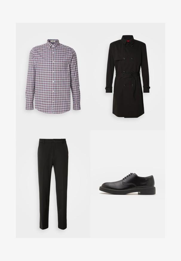 Mustat trench-takit, joissa on kaksirivinen malli, suuret napit, vyötärönauha ja korkea kaulus. Sileä kangas matta pinnalla.; Mustahuivi neule, joka on valmistettu pehmeästä materiaalista, jossa on pitkät hihat ja tiukka istuvuus. Ribbaus reunassa ja hihansuissa. Yksinkertainen muotoilu.; Paidat, joissa on flanelli-kuvio, punaisena, sinisenä ja valkoisena. Valmistettu puuvillasta, jossa on pitkät hihat ja pyöristetty helma.; Mustat housut, jotka on valmistettu sileästä kankaasta, suoriin lahkeisiin, nappikiinnitykseen ja klassiseen muotoiluun, sopivat muodollisiin tai vapaa-ajan asuihin.; Mustat nahkasaappaat, joissa on pyöreä kärki, sileä pinta, minimaalinen ommel ja matala kumipohja. Logo kannassa.