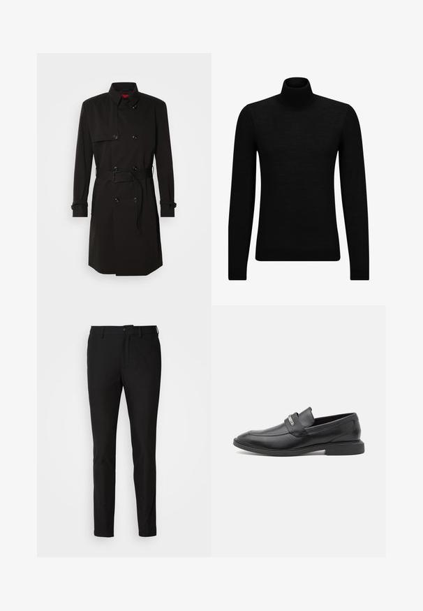 Sort trenchcoat med dobbeltrækkerdesign, store knapper, beltestrop i taljen og høj krave. Glat stof med mat finish.; Sort turtleneck sweater lavet af blødt materiale, med lange ærmer og en tætsiddende pasform. Ribbet trim ved kanten og manchetter. Simpelt design.; Sorte bukser med slim fit, der har en knaplukning, lynlås og to forlommer. Glat stof med mat overflade.; Sorte læder loafers med en glat overflade, der har en rem over vristen og en diskret metalaccent. Lavprofil gummisål.