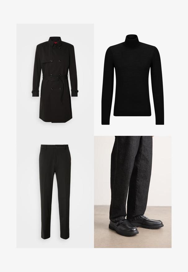 Melns tranšejas mētelis ar dubulto pogu dizainu, lielām pogām, jostu viduklī un augstu apkakli. Gluda auduma ar matētu apdari.; Melnā augstā kakla džemperis, kas izgatavots no mīksta materiāla, ar garām piedurknēm un pieguļušu piegriezumu. Ribota apdare ap apakšu un piedurknēm. Vienkāršs dizains.; Melnas bikses no gludas auduma ar taisnām kājām, pogu aizdari un klasisku dizainu, kas piemērots gan formālai, gan ikdienišķai valkāšanai.; Melnas ādas kurpes ar teksturētu apdari, kurām ir pacelta šuvju dizains un izturīga gumijas zole, valkātas ar tumšiem džinsu biksēm.