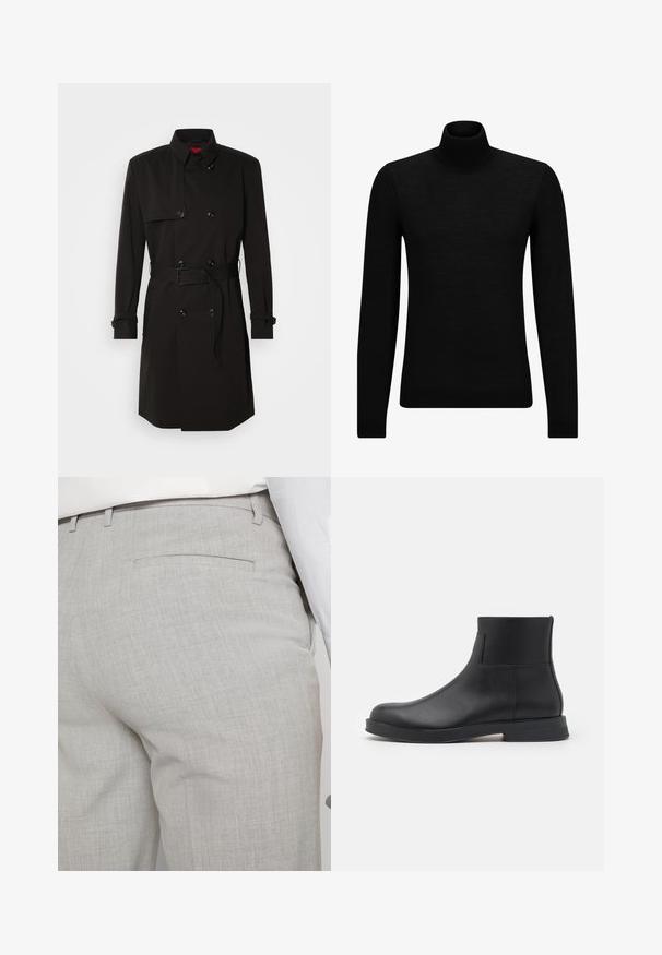 Black trench coat featuring a double-breasted design, large buttons, a belted waist, and a high collar. Smooth fabric with a matte finish.; Black turtleneck sweater made of soft material, featuring long sleeves and a snug fit. Ribbed trim at the hem and cuffs. Simple design.; Light gray tailored trousers made of textured fabric, featuring a single back pocket and clean stitching.; Black leather ankle boot with a smooth finish, round toe, elastic side panel, and a low rubber sole. Minimalist design with no visible hardware.