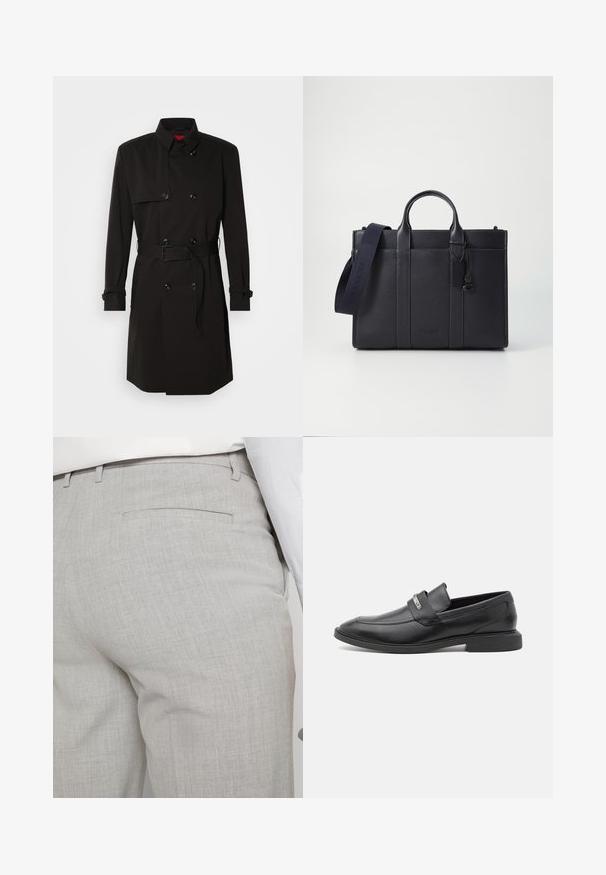 Schwarzer Trenchcoat mit einem doppelt knöpfbaren Design, großen Knöpfen, einem taillierten Gürtel und einem hohen Kragen. Glattes Material mit matter Oberfläche.; Schwarzer Rollkragenpullover aus weichem Material mit langen Ärmeln und enger Passform. Rippbesatz am Saum und an den Bündchen. Einfaches Design.; Hellgraue, maßgeschneiderte Hose aus strukturiertem Stoff, mit einer einzelnen Gesäßtasche und sauberer Nahtführung.; Schwarze Lederloafers mit glatter Oberfläche, ausgestattet mit einem Riemen über dem Spann und einem dezenten Metallelement. Low-Profile Gummisohle.; Dunkelblaues Lederaktentasche mit doppelten oberen Griffen und einem abnehmbaren Gurt. Merkmale sind die strukturierte Oberfläche, vertikale Nähte und das Logo-Detail.