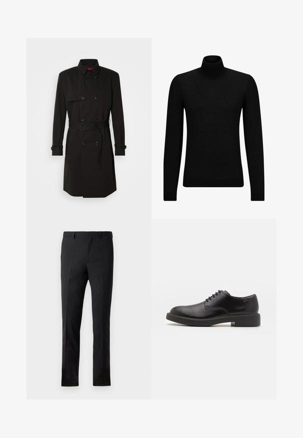 Mustat trench-takit, joissa on kaksirivinen malli, suuret napit, vyötärönauha ja korkea kaulus. Sileä kangas matta pinnalla.; Mustahuivi neule, joka on valmistettu pehmeästä materiaalista, jossa on pitkät hihat ja tiukka istuvuus. Ribbaus reunassa ja hihansuissa. Yksinkertainen muotoilu.; Mustat housut, joissa on muotoiltu istuvuus, tasainen edusta, kaksi laskosta, vyölenkit ja sileä pinta. Ei näkyviä kuvioita tai tarvikkeita.; Mustat nahkasaappaat, joissa on pyöreä kärki, sileä pinta, minimaalinen ommel ja matala kumipohja. Logo kannassa.