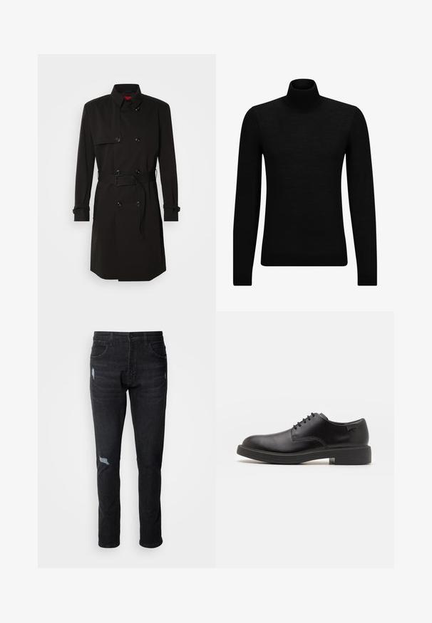 Black trench coat featuring a double-breasted design, large buttons, a belted waist, and a high collar. Smooth fabric with a matte finish.; Black turtleneck sweater made of soft material, featuring long sleeves and a snug fit. Ribbed trim at the hem and cuffs. Simple design.; Black denim jeans with a slim fit, featuring two front pockets, a single rear pocket, and distressed details on the knees.; Black leather lace-up shoe with a rounded toe, smooth texture, minimal stitching, and a low rubber heel. Logo on the heel.