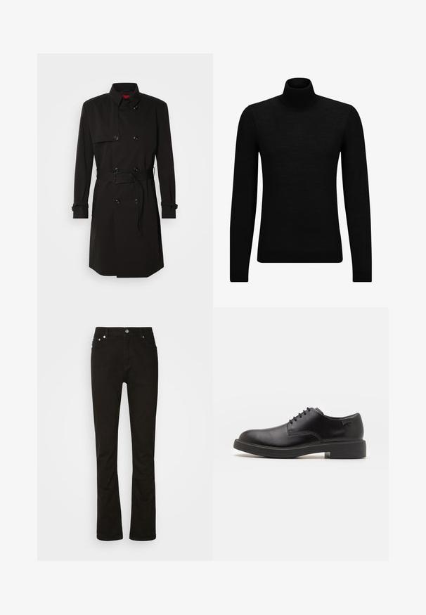 Black trench coat featuring a double-breasted design, large buttons, a belted waist, and a high collar. Smooth fabric with a matte finish.; Black turtleneck sweater made of soft material, featuring long sleeves and a snug fit. Ribbed trim at the hem and cuffs. Simple design.; Black denim jeans with straight leg design, featuring front pockets, a zip fly, and silver hardware accents. Smooth texture, no patterns.; Black leather lace-up shoe with a rounded toe, smooth texture, minimal stitching, and a low rubber heel. Logo on the heel.
