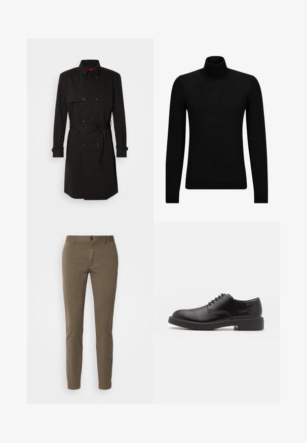 Black trench coat featuring a double-breasted design, large buttons, a belted waist, and a high collar. Smooth fabric with a matte finish.; Black turtleneck sweater made of soft material, featuring long sleeves and a snug fit. Ribbed trim at the hem and cuffs. Simple design.; HUGO DAVID - Chinos - beige; Black leather lace-up shoe with a rounded toe, smooth texture, minimal stitching, and a low rubber heel. Logo on the heel.