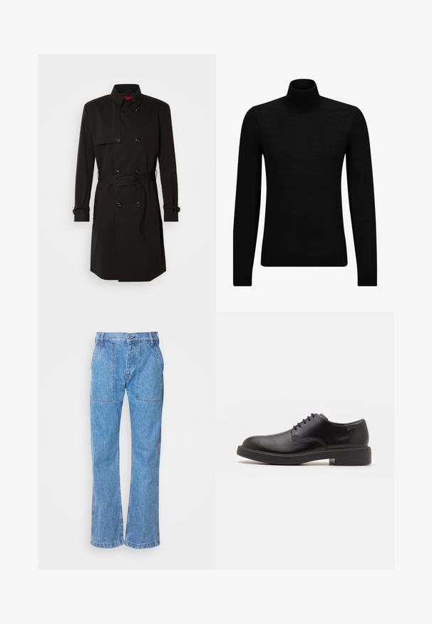 Manteau noir en trench avec un design croisé, de grands boutons, une taille ceinturée et un col montant. Tissu lisse avec une finition mate.; Pull à col roulé noir en matériau doux, avec des manches longues et une coupe ajustée. Finition côtelée au bas et aux poignets. Design simple.; Jeans en denim bleu clair avec une coupe décontractée, dotés de deux poches avant, d'une fermeture à bouton et de détails de coutures visibles.; Chaussure noire en cuir à lacets avec un embout arrondi, texture lisse, piqures minimales et un petit talon en caoutchouc. Logo sur le talon.