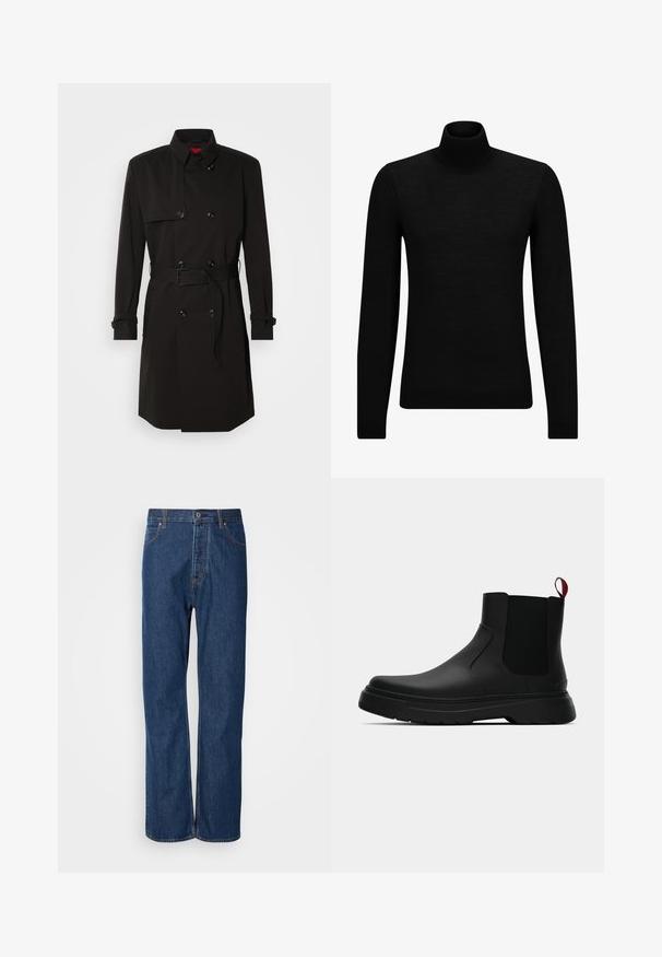 Cappotto lungo nero con design doppiopetto, grandi bottoni, vita con cintura e colletto alto. Tessuto liscio con finitura opaca.; Maglione a collo alto nero realizzato in materiale morbido, con maniche lunghe e vestibilità aderente. Bordo a coste all'orlo e ai polsini. Design semplice.; Jeans in denim blu con un design a gamba dritta, dotati di chiusura con bottoni, cinque tasche e impunture in contrasto lungo le cuciture.; Stivale alla caviglia nero con finitura liscia, pannelli laterali elastici e un tab di presa rosso a contrasto, dotato di una suola in gomma spessa e punta arrotondata.