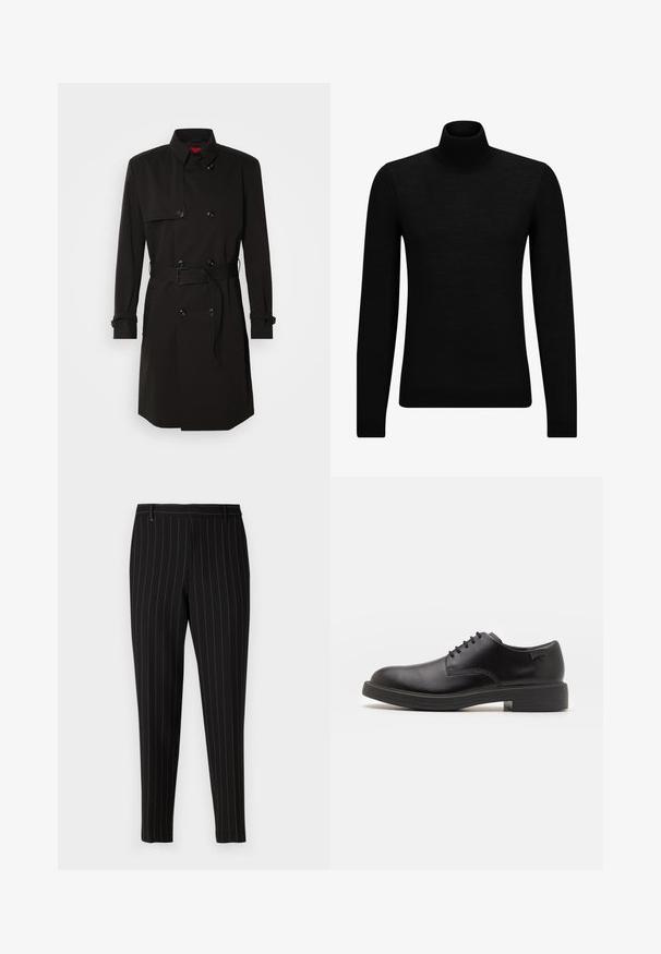 Melns tranšejas mētelis ar dubulto pogu dizainu, lielām pogām, jostu viduklī un augstu apkakli. Gluda auduma ar matētu apdari.; Melnā augstā kakla džemperis, kas izgatavots no mīksta materiāla, ar garām piedurknēm un pieguļušu piegriezumu. Ribota apdare ap apakšu un piedurknēm. Vienkāršs dizains.; Melni bikses ar plānām vertikālām svītrām, piegriezts fasonā, priekšējām kabatām un jostas cilpām. Izgatavotas no gludas, teksturētas auduma.; Melna āda sašūta kurpe ar noapaļotu purngalu, gludu tekstūru, minimālu šuvju skaitu un zemu gumijas papēdi. Logo uz papēža.