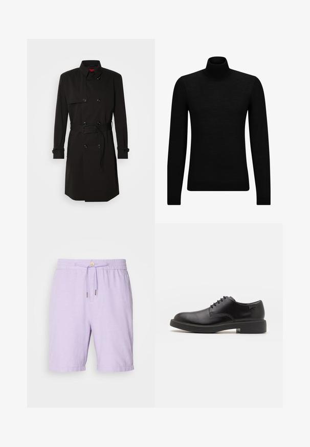 Fekete trench kabát, dupla gombos dizájnnal, nagy gombokkal, övvel ellátott derékkal és magas gallérral. Simább anyag, matt felülettel.; Fekete garbó pulóver puha anyagból, hosszú ujjakkal és szoros fazonnal. Ribbed díszítés az alján és az ujjak végén. Egyszerű dizájn.; Ibolya színű vászon rövidnadrág, elasztikus derékkal, zsinórral zárható és két oldalsó zsebből áll. Lazán szabott, hemzsebe kézbesít. ; Fekete bőrcipő, kerek orrú, sima felületű, minimális varrással és alacsony gumitalppal. Logó a sarokrészen.
