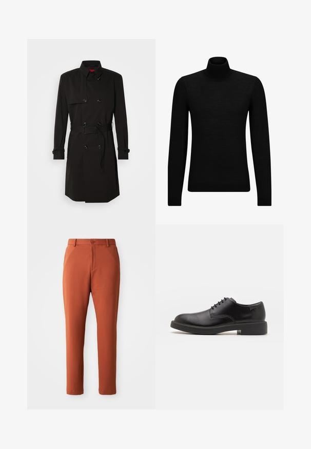 Crni trench kaput s dvostrukim kopčanjem, velikim gumbima, remenom u struku i visokim ovratnikom. Glatka tkanina s mat završetkom.; Crni dukserica s visokim ovratnikom, napravljena od mekanog materijala, s dugim rukavima i priljubljenim krojem. Rebrasti detalji na donjem rubu i rukavima. Jednostavan dizajn.; Hlače boje hrđe s teksturiranim uzorkom, s kopčanjem na gumb, petljama za pojas i koso postavljenim bočnim džepovima. Dizajn ravnih nogavica.; Crne kožne cipele s vezanjem i zaobljenim vrhom, glatke teksture, minimalnim šavovima i niskim gumiranim potplatom. Logo se nalazi na peti.
