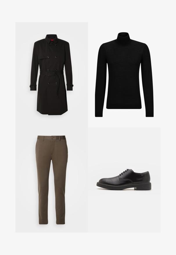 Juodas ilgas paltas su dvigubu užsegimu, didelėmis sagomis, diržu ties juosmeniu ir aukštu apykakle. Lygi medžiaga su matinio paviršiaus apdaila.; Juodas aukšto kaklo megztinis, pagamintas iš minkštos medžiagos, su ilgomis rankovėmis ir prigludusia forma. Su raukiniais apačioje ir rankogaliuose. Paprastas dizainas.; Rudi liekni kostiuminiai kelnės, pagamintos iš lygaus audinio, su mygtuko uždarymu ir diržo kilpelėmis, turinčios švarų dizainą ir tiesią kojos kirpimą.; Juodas odinis batų modelis su raišteliais, apvaliu nosiu, lygiu paviršiumi, minimaliai siuvinėjimu ir žemu guminėmis pakulne. Ant pakulnės šalia logo.
