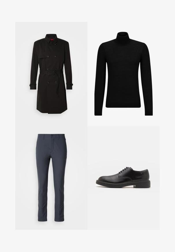 Čierny trenčkot s dvojradovým dizajnom, veľkými gombíkmi, opaskom v páse a vysokým golierom. Hladká tkanina s matným povrchom.; Čierny rolák vyrobený z jemného materiálu, s dlhými rukávmi a tesným strihom. Hranatý lem a manžety s ribbed úpravou. Jednoduchý dizajn.; Námornícke strečové nohavice so slim strihom, hladkou textúrou, prednými vreckami a zapínaním na gombík. Navrhnuté pre pohodlie a pohyblivosť.; Čierne kožené šnurovacie topánky s okrúhlou špičkou, hladkým povrchom, minimálnym prešívaním a nízkym gumovým podpätkom. Logo na podpätku.