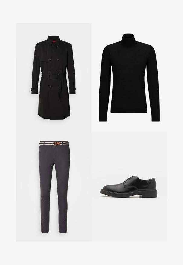 Black trench coat featuring a double-breasted design, large buttons, a belted waist, and a high collar. Smooth fabric with a matte finish.; Black turtleneck sweater made of soft material, featuring long sleeves and a snug fit. Ribbed trim at the hem and cuffs. Simple design.; Dark gray chinos with a slim fit, featuring a striped fabric belt with a round metal buckle and brown leather accents.; Black leather lace-up shoe with a rounded toe, smooth texture, minimal stitching, and a low rubber heel. Logo on the heel.