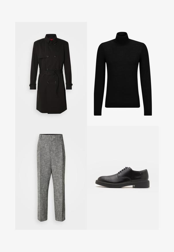 Black trench coat featuring a double-breasted design, large buttons, a belted waist, and a high collar. Smooth fabric with a matte finish.; Black turtleneck sweater made of soft material, featuring long sleeves and a snug fit. Ribbed trim at the hem and cuffs. Simple design.; Gray patterned trousers with a textured fabric, high waist, and wide-leg design. Features pleats and a clean, tailored silhouette.; Black leather lace-up shoe with a rounded toe, smooth texture, minimal stitching, and a low rubber heel. Logo on the heel.