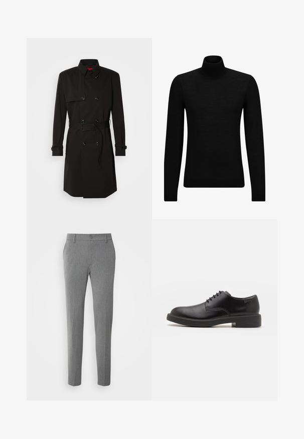 Sort trenchcoat med dobbeltrækkerdesign, store knapper, beltestrop i taljen og høj krave. Glat stof med mat finish.; Sort turtleneck sweater lavet af blødt materiale, med lange ærmer og en tætsiddende pasform. Ribbet trim ved kanten og manchetter. Simpelt design.; Grå bukser lavet af et tekstureret stof, der har et klassisk design med knaplukning og lige ben.; Sorte læder snørestøvle med rund tå, glat tekstur, minimal syning og lav gummihæl. Logo på hælen.