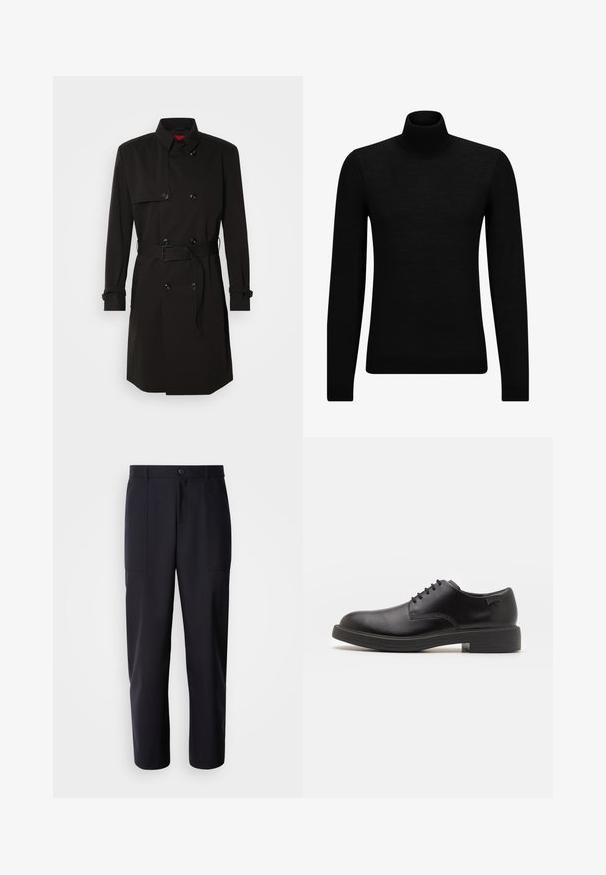Svart trench coat med dubbelknäppt design, stora knappar, midjebälte och hög krage. Slät tyg med matt ytfinish.; Svart polotröja gjord av mjukt material, med långa ärmar och en åtsittande passform. Ribbat avslut vid fåll och ärmslut. Enkelt mönster.; Mörkblå byxor i slät tyg, med rak ben-design, två sidofickor och en knappstängning i midjan.; Svart läder snörsko med rund tå, slät yta, minimal söm och låg gummihäl. Logotyp på hälen.