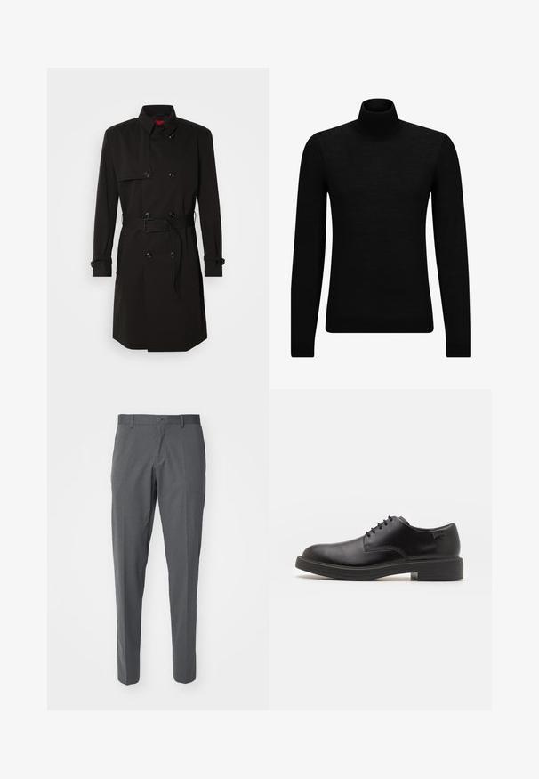 Melns tranšejas mētelis ar dubulto pogu dizainu, lielām pogām, jostu viduklī un augstu apkakli. Gluda auduma ar matētu apdari.; Melnā augstā kakla džemperis, kas izgatavots no mīksta materiāla, ar garām piedurknēm un pieguļušu piegriezumu. Ribota apdare ap apakšu un piedurknēm. Vienkāršs dizains.; Pelēki bikses, kas izgatavotas no gludas auduma, ar pogu aizdari, priekšējām kabatām un šauru piegriezumu.; Melna āda sašūta kurpe ar noapaļotu purngalu, gludu tekstūru, minimālu šuvju skaitu un zemu gumijas papēdi. Logo uz papēža.