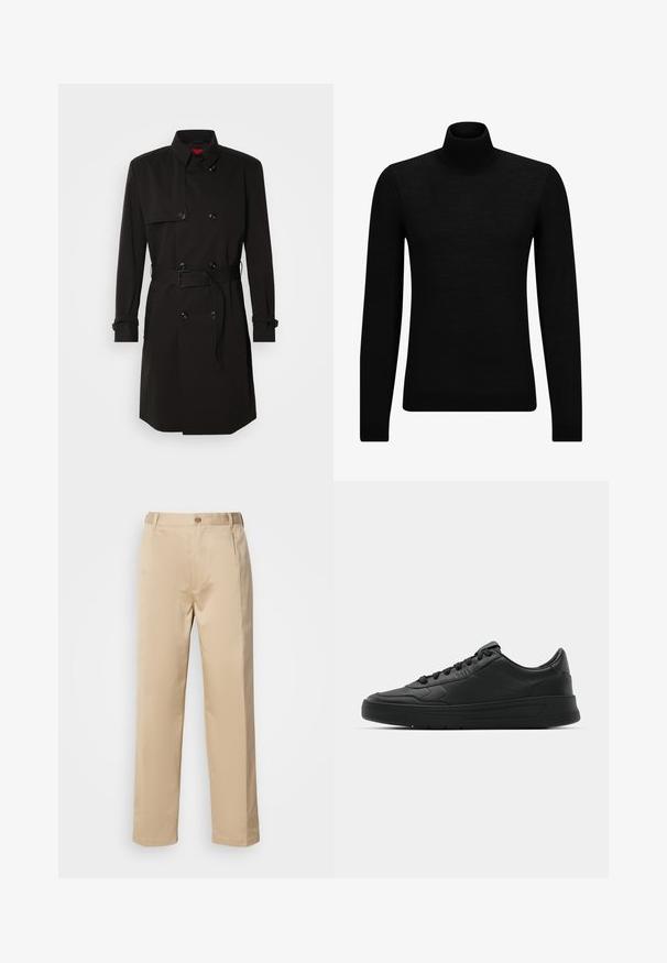 Crni trench kaput s dvostrukim kopčanjem, velikim gumbima, remenom u struku i visokim ovratnikom. Glatka tkanina s mat završetkom.; Crni dukserica s visokim ovratnikom, napravljena od mekanog materijala, s dugim rukavima i priljubljenim krojem. Rebrasti detalji na donjem rubu i rukavima. Jednostavan dizajn.; Bež hlače od laganog materijala, s ravnim nogavicama, pojasom s petljama za remen i jednim prednjim dugmetom.; Crne tenisice s glatkom kožnom gornjištem, okruglim vrhom, ravnim vezicama, podstavljenim ovratnikom i minimalističkim dizajnom. Gumeni potplat s suptilnim uzorkom.